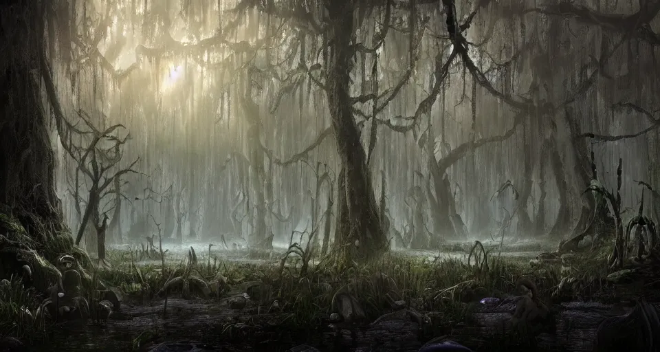 Image similar to A dense and dark enchanted forest with a swamp, by CGSociety