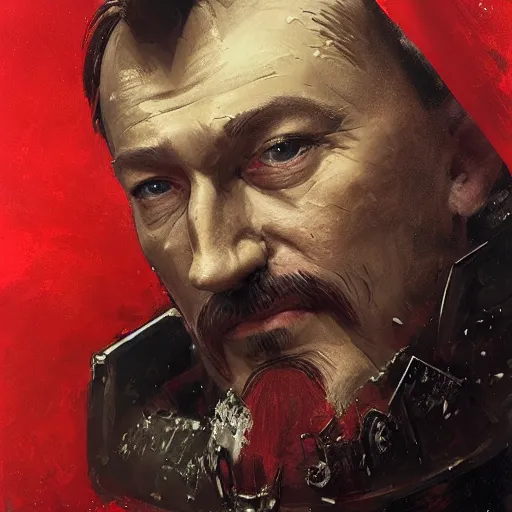 Image similar to felix dzerzhinsky as holy red knight protector of mother russia, colourised, face portrait, epic, military art, fantasy, dieselpunk, hd shot, digital portrait, beautiful, artstation, comic style, by artgerm, guy denning, jakub rozalski, magali villeneuve and charlie bowater