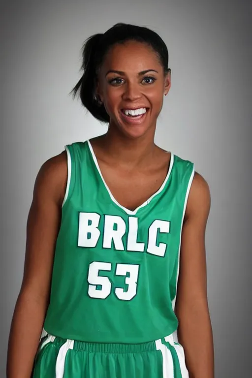 Image similar to character photo. tall athletic woman in light green sleeveless dress, gleefully telling a bs story full of lies. face like danielle campbell, body like wnba player. facial expression of manic obsessive love. black hair in ponytail. bright blue eyes. pale complexion. built like basketball player