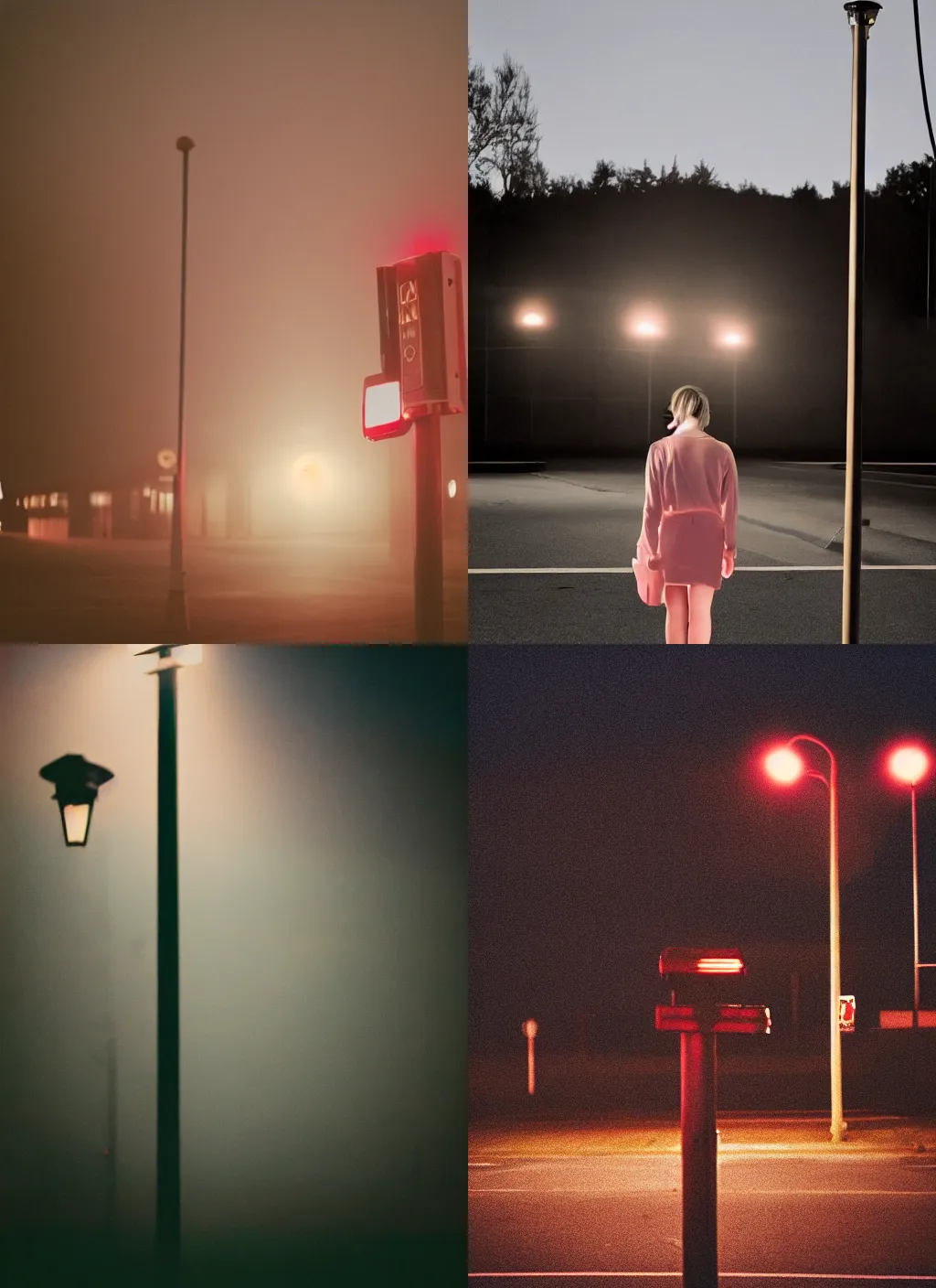 Prompt: photograph of a woman! from the back standing in an empty parking lot at night by mark owen. red light post. thick fog. pastel colors. kodak portra film!!. whirl bokeh!. mamiya 7. highly detailed. hq. photoreal. golden hour. lens flare. faded film.