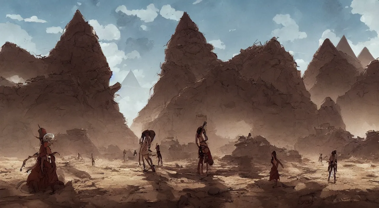 Image similar to egyptian landscape, desert, zombies, by studio ghibli and greg rutkowski,