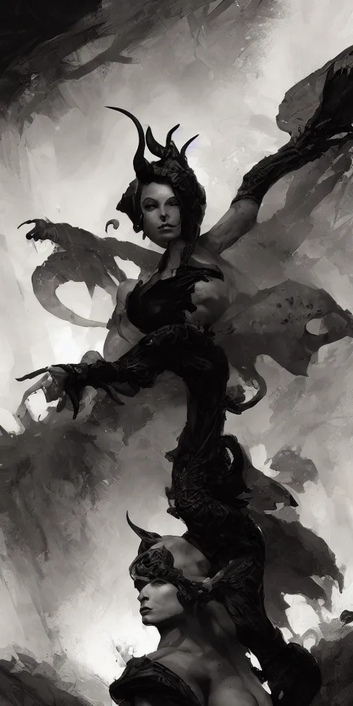 Prompt: highly detailed beautiful black and white photography of a tiefling, sharp focus, dynamic lighting, elegant harmony, beauty, masterpiece, by riccardo federici, by craig mullins, by greg tocchini, by greg rutkowski