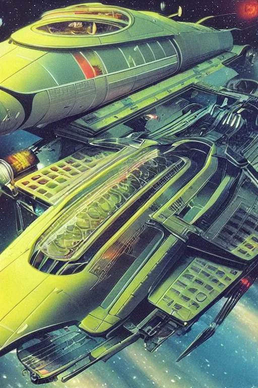 Prompt: elegant spaceship cruising between plants, fluid, smooth, bright, colours, high contrast, sharpness, very detailed, intricate, by angus mckie, colin hay, stewart cowley, john berkey