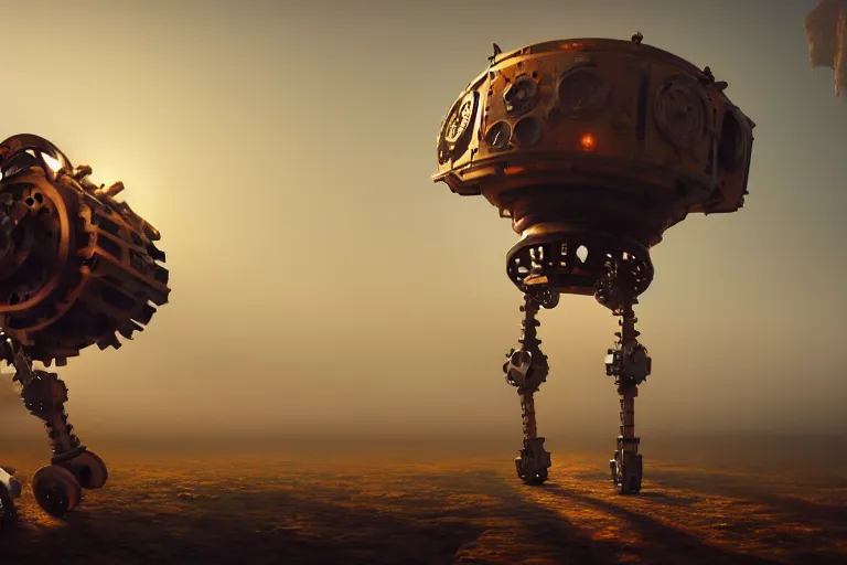 Image similar to a walking mechanical castle mounted on mechanical legs, rust, hyperrealistic, highly detailed, cinematic, single ray of sun, fog, beautiful, cgssociety, artstation, 8 k, oil painting
