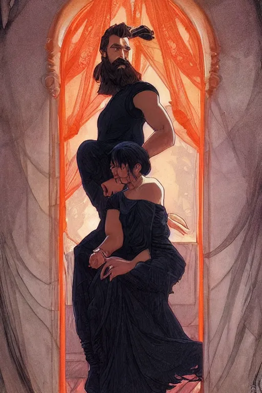 Image similar to bearded young man in orange t - shirt fastens beautiful black dress of his spouse before going to exquisite gala art by artgerm and greg rutkowski and charlie bowater and magali villeneuve and alphonse mucha