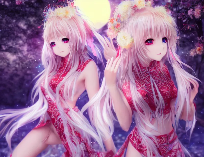 Prompt: beautiful anime siberian girl wear fantasy sexy kimono in festival | | sunny night, full moon, dreamlike art, realistic shaded, smile, good looking, hyper details, 4 k realistic, cryengine, realistic shaded lighting poster by artgerm, ross tran, fuji choko, 8 k resolution, trending on artstation, luxury