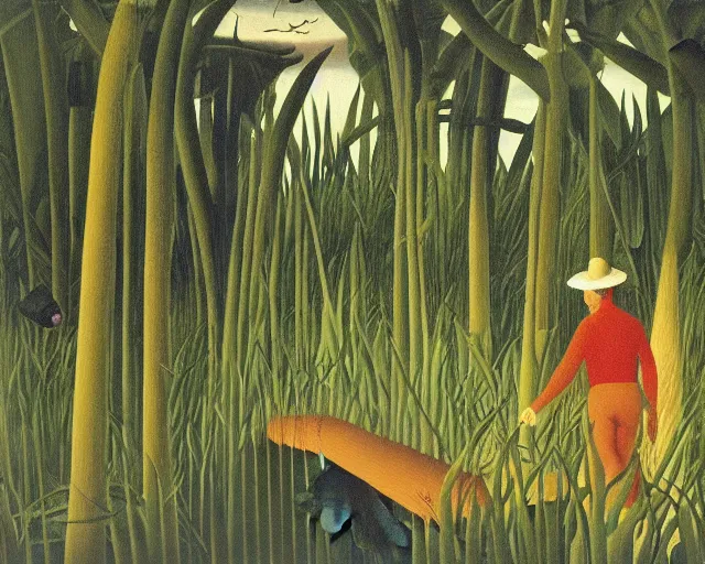 Prompt: snake oil researcher traversing the swamps of Formosa, painting by Henri Rousseau