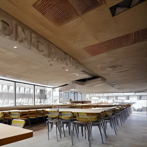 Image similar to brutalist architecture, fast food joint