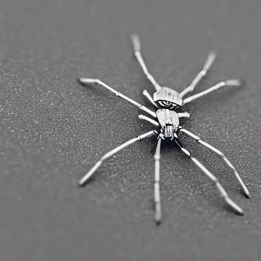 Prompt: macro photograph of a miniature mechanical spider made of silver, flickr