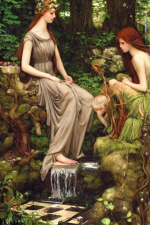 Image similar to beautiful forest dryads playing a quiet game of chess by a mystical waterfall, tranquil scene by Waterhouse