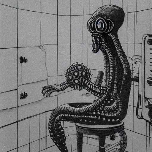 Image similar to HP Lovecraft alien sitting on the toilet. Color photograph.