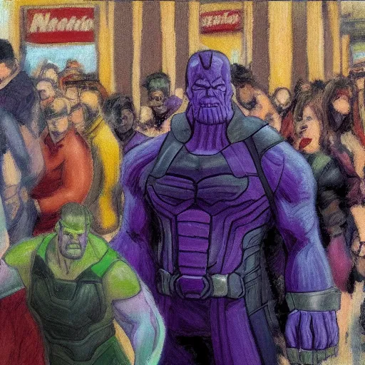 Image similar to Thanos waiting in line at a McDonalds, Post-impressionism