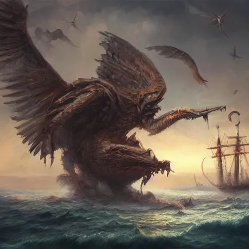 Image similar to Giant bird monster destroying a pirate ship, dramatic oil painting, by WLOP, by Artgerm, volumetrics, digital art, 4k, detailed bird monster