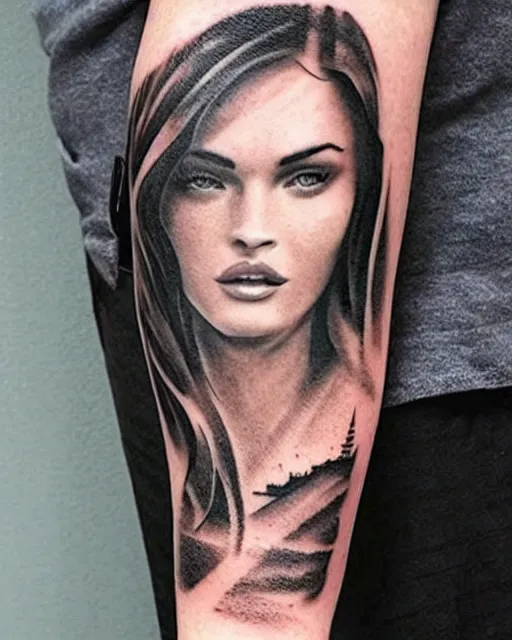 Image similar to creative double exposure effect tattoo design sketch of megan fox faded in beautiful mountain scenery, realism tattoo, in the style of matteo pasqualin, amazing detail, sharp