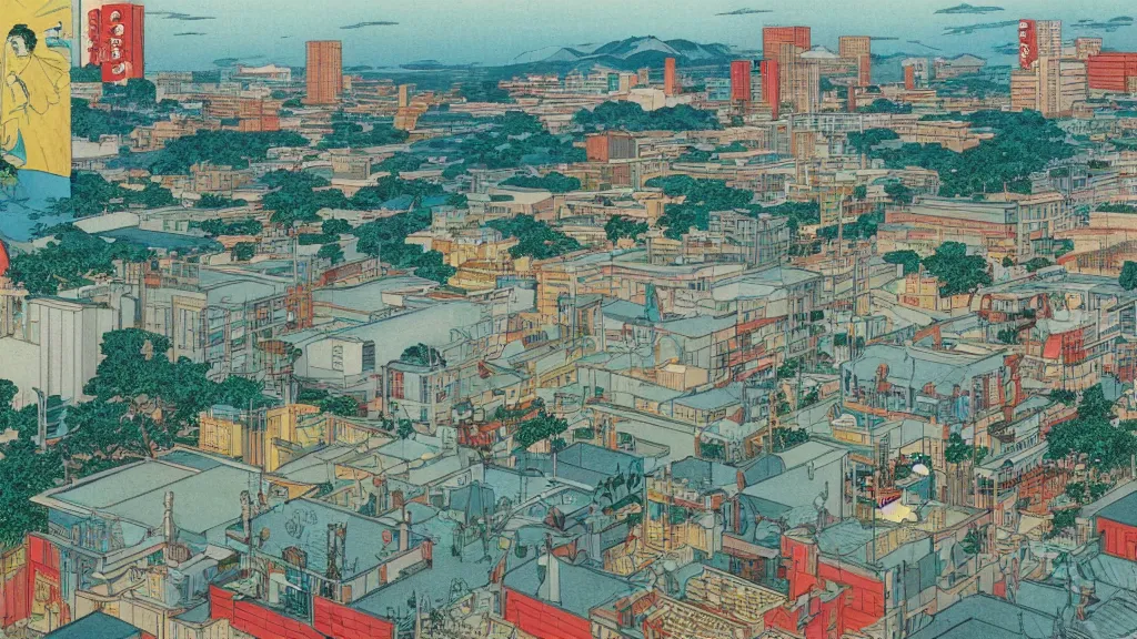 Prompt: Jollibee City, cityscape, wide shot, illustration, by Moebius, Renoir, Hokusai