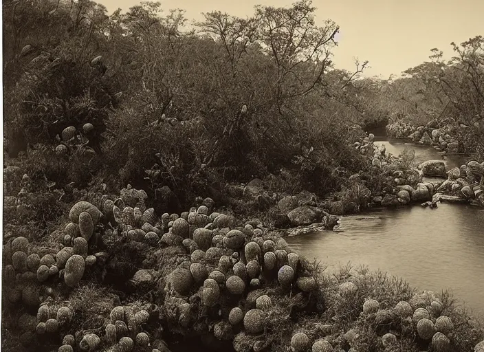 Image similar to Overlook of a river flowing through a cactus forest, albumen silver print by Timothy H. O'Sullivan.