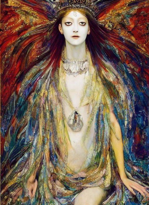 Image similar to oil painting of portait Queen of Ecstasy, Hungarian, by Yoshitaka Amano, by Georgia o Keeffe, by Gustave Moreau, By Marcel Jankowicz