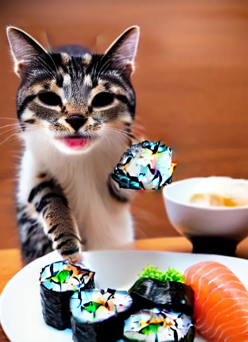 Image similar to clear photograph of cute cats stealing sushi from sushi plates