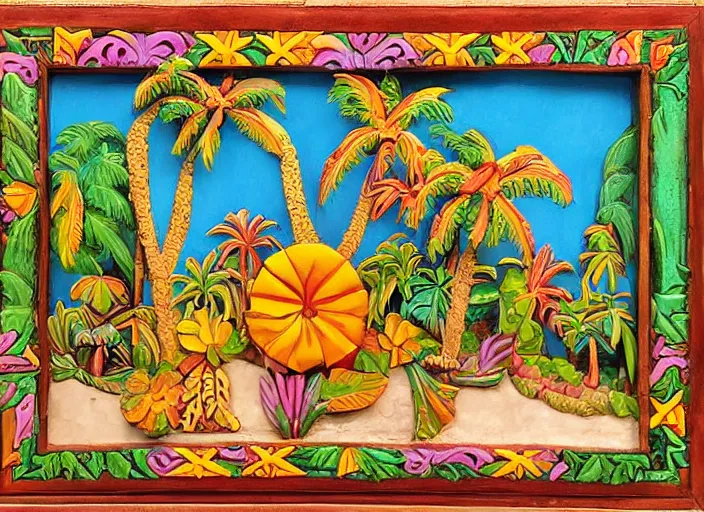 Image similar to colorized stylized bas relief sculpture of a tropical paradise with a frame in mexico folk art style