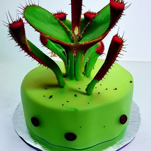 Prompt: a venus fly trap eating cake