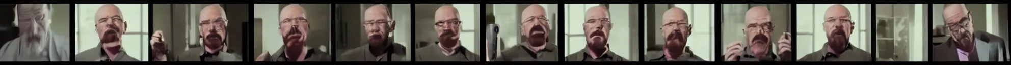 Image similar to 8 consistent frames from a video showing walter white throwing a phone