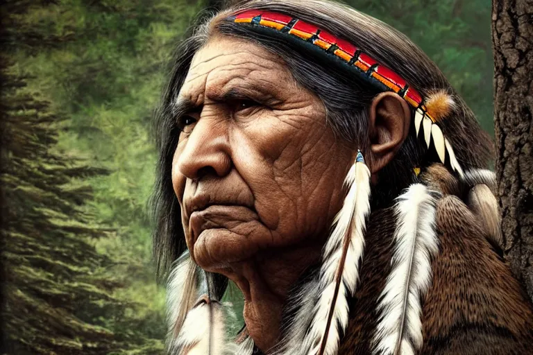Prompt: hyper-realistic up close photograph of an elegant native american thinking, forest, detailed,