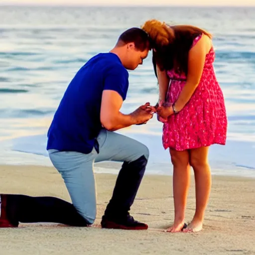 Prompt: hamster proposing to his girlfriend on the beach