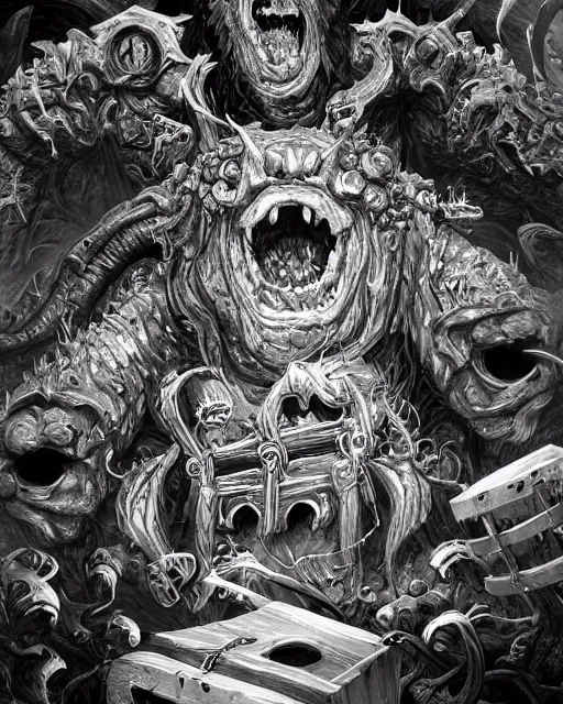 Image similar to a monster treasure chest, black and white, fantasy art, monster art, illustration, fantasy, intricate, hyper detailed, artstation, concept art, smooth, sharp focus, ray tracing