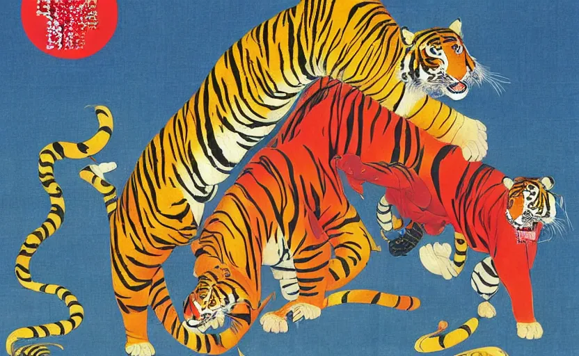 Image similar to a red delorean and yellow tiger, art by hsiao - ron cheng and utagawa kunisada, magazine collage, # de 9 5 f 0