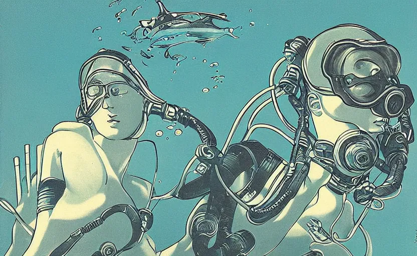 Prompt: vaporwave art deco of scuba diver by adolphe millot