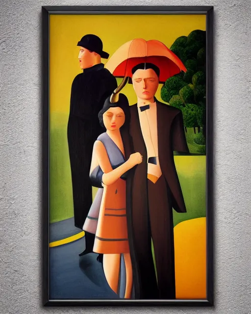 Image similar to a painting of a man and a woman holding an umbrella, an art deco painting by Grant Wood, featured on behance, american scene painting, movie poster, poster art, concert poster