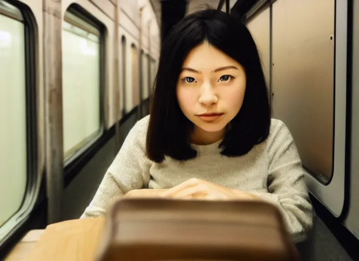 Image similar to photo of a young japanese woman on a train at night