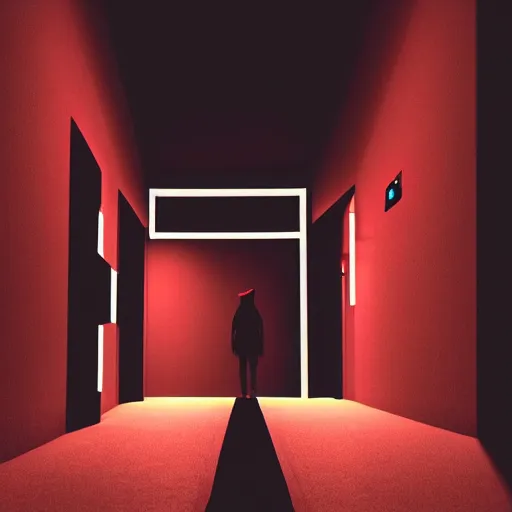 Prompt: photograph of an extremely dark narrow hallway with glowing humanoid cryptid with television static, dark deep black shadows, red and black color contrast in the style of trevor henderson, liminal space, 3 d octane render, glitch effect