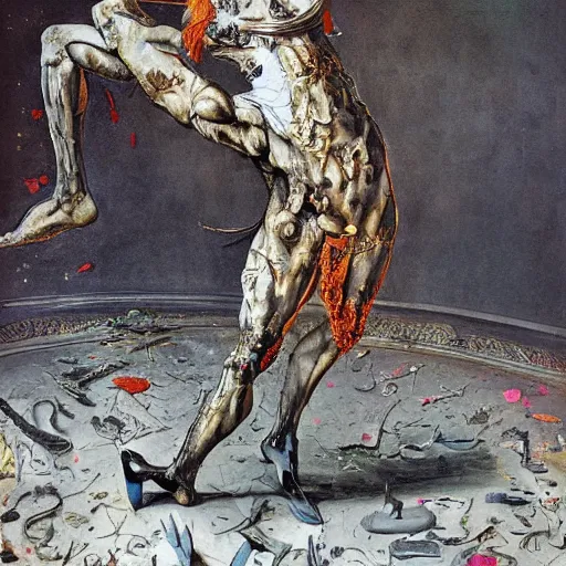 Image similar to a highly detailed painting of an elegant male dancer with flamingo legs by salvador dali and vadim stein, in a domed destroyed ballroom splattered with rot and decay by albrecht durer, dramatic lighting, insanely detailed