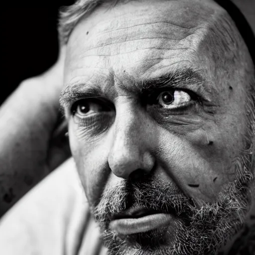 Prompt: black and white press photograph, highly detailed portrait of a depressed old tattooed drug dealer laying in bed, detailed face looking into camera, eye contact, natural light, mist, fashion photography, film grain, soft vignette, sigma 85mm f/1.4 1/10 sec shutter, Darren Aronofsky film still promotional image, IMAX 70mm footage