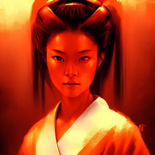 Prompt: portrait of beatiful female samurai in orange light in the style of Raymond Swanland, cinematic, artstation