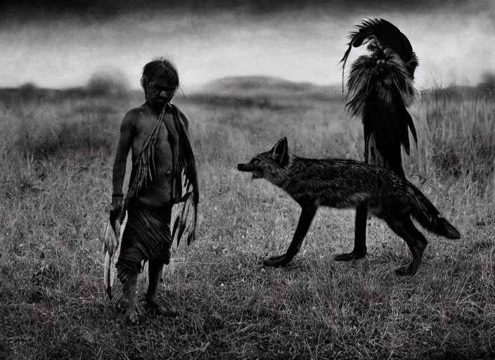 Image similar to Award winning Editorial photo of a Iroquois Native petting a wild coyote by Edward Sherriff Curtis and Lee Jeffries, 85mm ND 5, perfect lighting, gelatin silver process