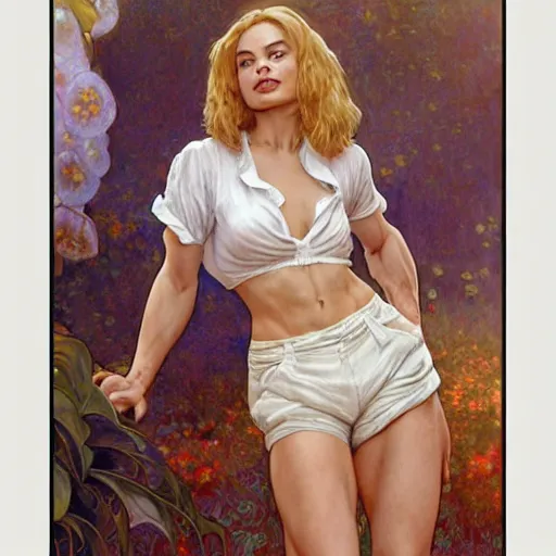 Prompt: Margot Robbie with bulging biceps and long pixie haircut in shorts and white shirt drawn by Donato Giancola and Jon Foster, frank frazetta, alphonse mucha, background by James Jean and gustav klimt, 4k, volumetric lighting, french nouveau, trending on artstation, hyperrealistic