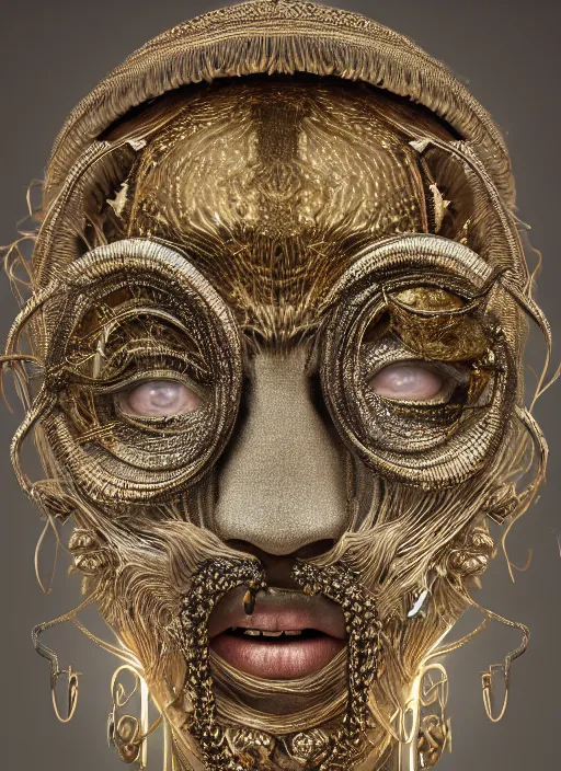 Image similar to hyperrealism, detailed textures, award winning photo, symetrical japanese medusa queen autochrome portrait, silverplate, intricate, detailed facial animal mask, golden jewelery, silverplate, ultra realistic, cinematic, intricate, cinematic light by steve mccurry, unreal engine 8 k