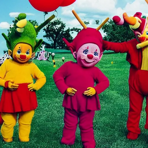 Image similar to teletubbies dressed as clowns