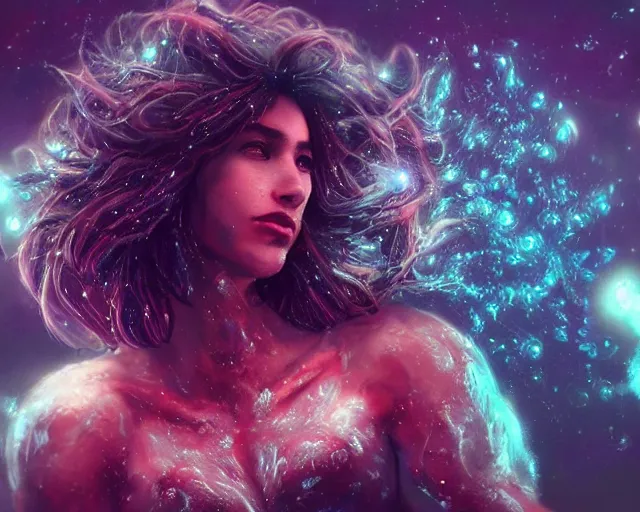 Image similar to realistic textured magnetosphere, hairy handsome girls, love, joy, complex cybernetic beings, glowing hair, vortexes, large array, ornate hair, cinematic light shadows, wet hdr refractions, insanely detailed rendering, artstation, 8 k, * * * * *