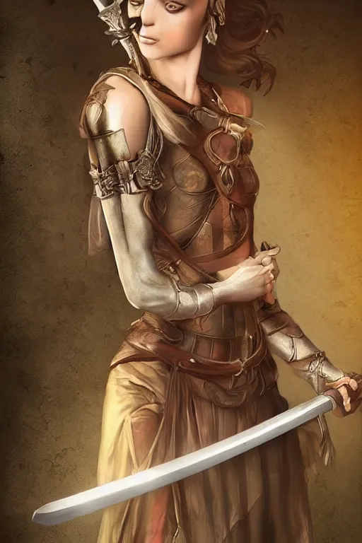 Image similar to digital art of a pretty girl with a long sword in her hands. detailed body, medieval theme, pretty lighting, detailed face, sharp focus, intricate details