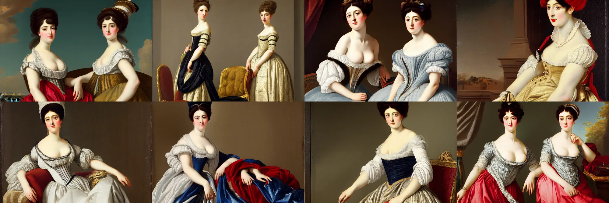 Prompt: georgian portrait of a gorgeous woman by reggianini and soulacroix, regency dress amazing fabric