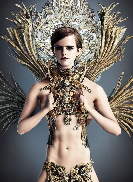 Image similar to expressive full body photo of a emma watson, ornate headpiece made from knives, ornaments, glamour shot, by karol bak, by stefan gesell, photorealistic, canon r 3, fashion photography, hyper maximalist, elegant, ornate, luxury, elite, environmental portrait, symmetrical features, octane render, unreal engine, solid dark grey background, dramatic lights