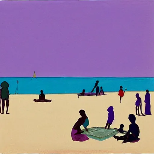 Prompt: A beautiful computer art of a group of people on a beach. The colors are muted and the overall tone is serene. The people are all engaged in different activities, from reading to playing games, and the artwork seems to be capturing a moment of peace and relaxation. pale violet, Aztec by Robert Motherwell, by Kitty Lange Kielland jaunty