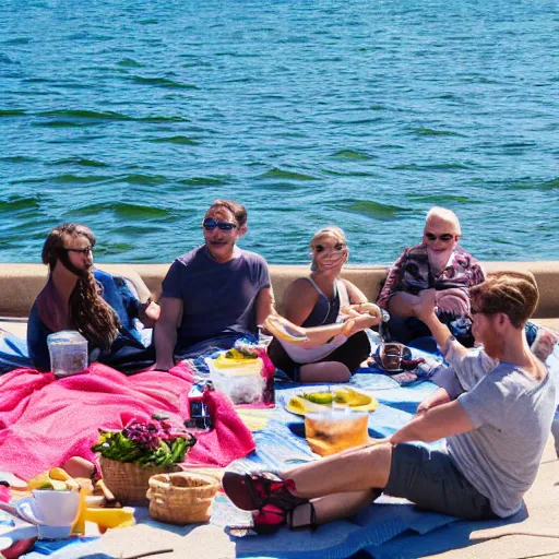 Prompt: people sitting on the grass having a picnic on the Milwaukee lake front, Lake Michigan, beautiful, sunny day, 4k