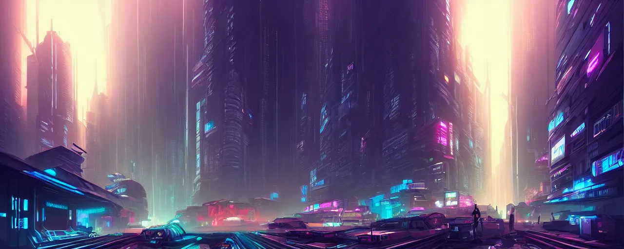 Image similar to A cyberpunk cityscape, by Cyril Rolando, landscape, dramatic lighting, high contrast colors, panoramic view, as trending on Artstation, highly detailed,