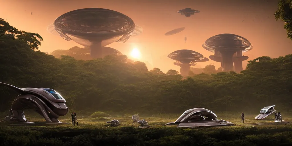 Prompt: a huge futuristic rusty old alien spaceship, next to it a smaller exploration vehicle on a landing pad, surrounded by a lush alien jungle, in the foreground two explorers are arguing next to tiny animals!!, (the animals are walking around), sunset, volumetric light, hyperdetailed, artstation, cgsociety, 8k