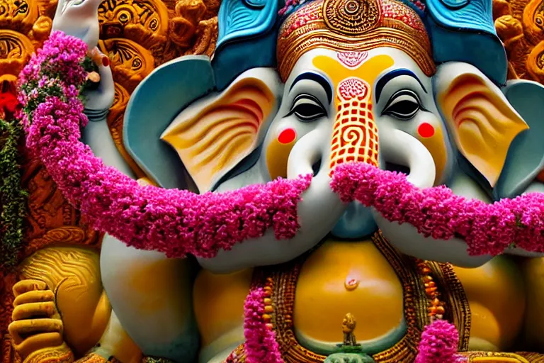 Image similar to beautiful biomorphic new delhi, ganesha!! building, kalighat flowers, octane highly detailed cinematic, stephen shore & john j. park, soft morning light, wide shot, aerial shot, uhd 8 k, shallow depth of field