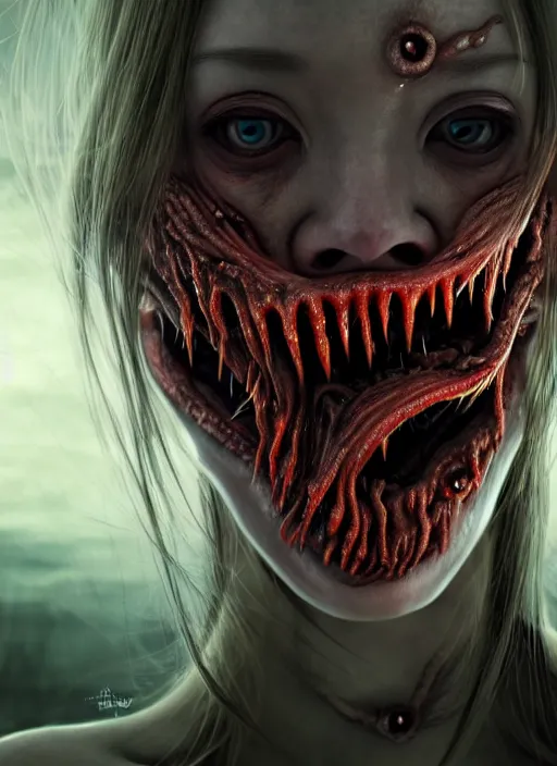 Image similar to an ugly monsterish horrifying slimy scottish female photo, professionally, soft lighting, realistic, sharp focus on eyes, 8 k, high definition, insanely detailed, intricate, elegant, art by artgerm and junji ito. science fiction movie wide screen still from action scene.